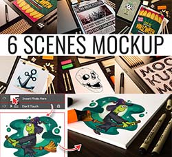 6个逼真的手绘场景展示模型：6 Scenes Mockup II